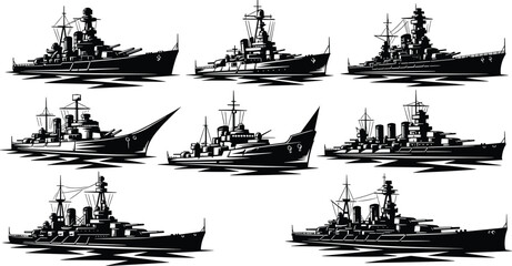A collection of vintage battleship silhouettes, each ship showcasing unique design elements and historical significance