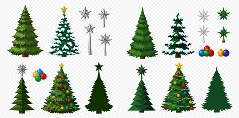 A collection of various Christmas trees, including decorated, plain, snow-covered, and silhouette designs, along with star toppers and colorful bauble ornaments.
