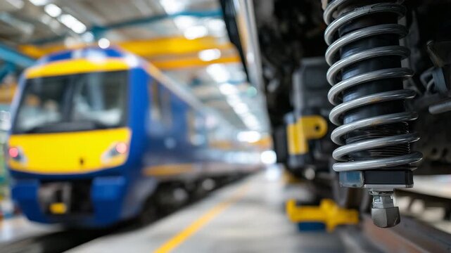 High-detail view of train suspension system, spring coils and brackets in sharp focus, background blurred, industrial realism emphasized