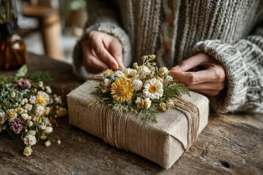 Decorating gift with dried flowers and greenery for natural charm