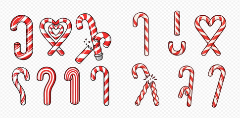 Illustrative assortment of classic Christmas candy canes, featuring various designs and playful arrangements like hearts and punctuation marks.