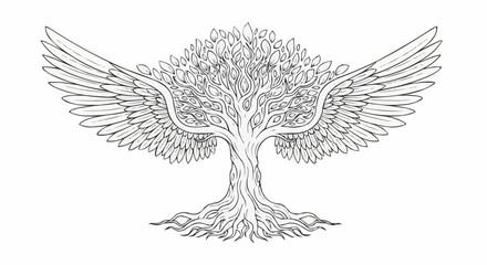 Hand drawn fantasy tree with large feathered wings spreading out.
