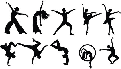 Silhouette of dancers set of dancers in different poses ballet, hiphop, modern dance vector illustration of dancing people