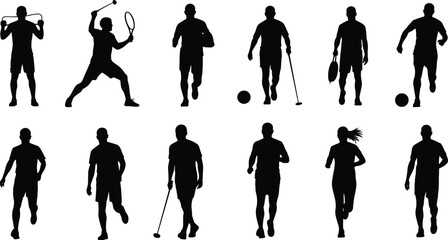 Silhouette of various sport players including tennis, soccer, golf, running, and baseball diverse athletic figures in action