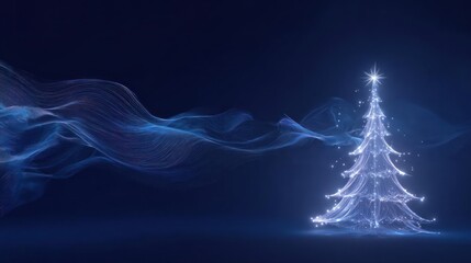 Magical glowing christmas tree illuminated with ethereal blue light and swirling smoke on a dark background