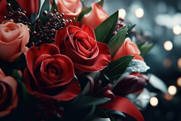 Beautiful bouquet of red and pink roses with ribbons and greenery on a softly lit background. Concept of Saint Valentine Day and 8 Mart celebration.