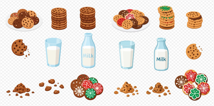 A comprehensive collection of various cookies and milk products, including stacks, plates, crumbs, and drinks, presented as vector illustrations.