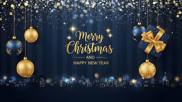 Merry season and happy new year banner with golden text sparkling lights cityscape gift box and ornaments in dark blue tones for holiday celebration