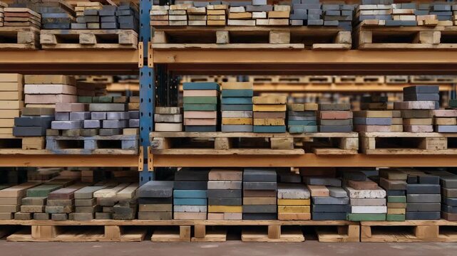 Industrial warehouse shelves neatly stacked with multicolored bricks in warm and cool tones, soft daylight illuminating the rich textures and variations