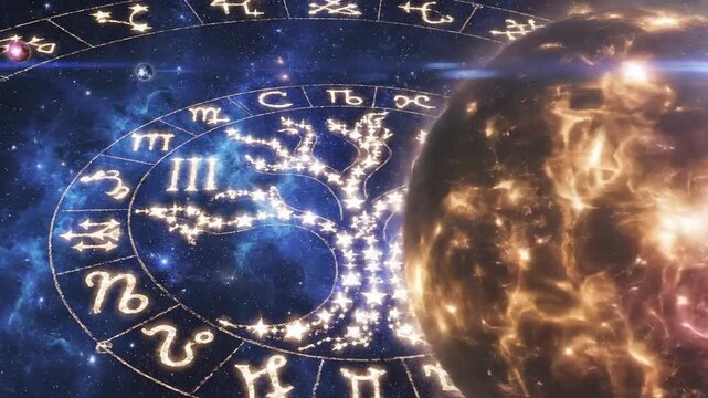 Cosmic display of celestial symbols and animated planetary orbs in space