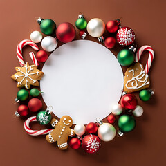 A festive Christmas wreath made of colorful ornaments, candy canes, and gingerbread cookies, framing a blank white circle.