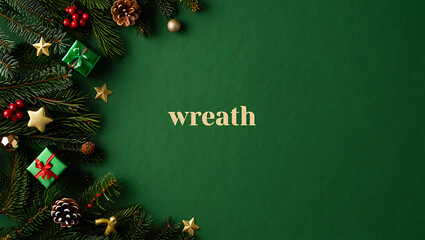 A minimalist Christmas background with a corner border of fir branches and the word "wreath" on a green surface.