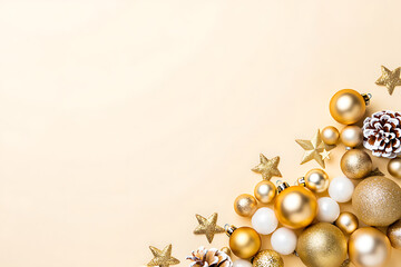 A luxurious Christmas corner border with sparkling golden stars and ornaments on a soft, sandy-colored background.
