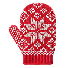 Red knitted winter mitten with white nordic snowflake pattern isolated on transparent background