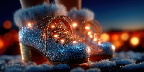 Christmas is Coming. Christmas Shoes on Shining Light Background. Greeting Card. Christmas Sale. Christmas Holiday