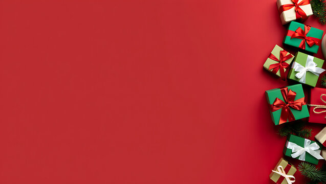 A simple and festive Christmas background with a side border of colorful gift boxes on a red surface.