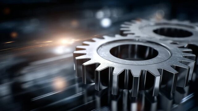 Macro composition of metallic gears under subtle diffused illumination, smooth and rough textures highlighted, creating a sense of engineering depth