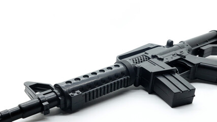 Close up of the barrel of the AK 47 toy gun