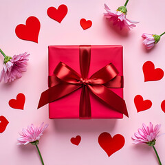 A romantic Valentine's Day flat lay with a large red gift box, pink flowers, and paper hearts on a pink background.