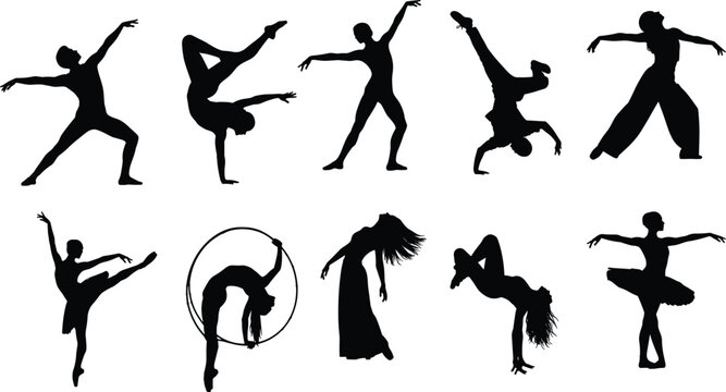 Collection of silhouette images showcasing various dance poses, capturing the grace and dynamism of movement in a minimalist style