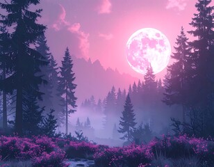 Ethereal moonlit forest bathed in purple and pink hues
