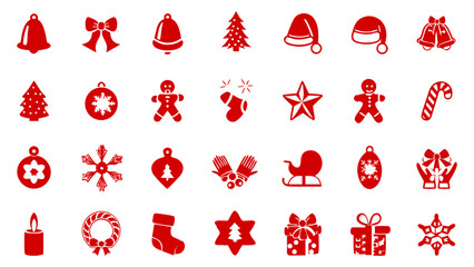 Christmas icon set, red festival, holidays vector symbol collection