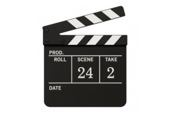 Clapperboard used in film production, indicating scene and take number for movie directing and video post-production