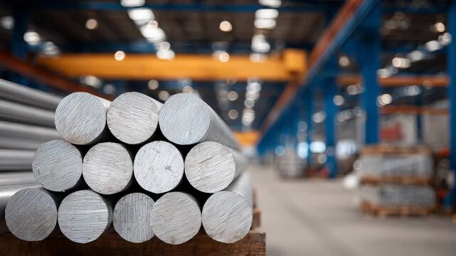 Macro perspective of ends of bundled aluminum rods, reflections and textures visible, long warehouse aisle softly blurred in background
