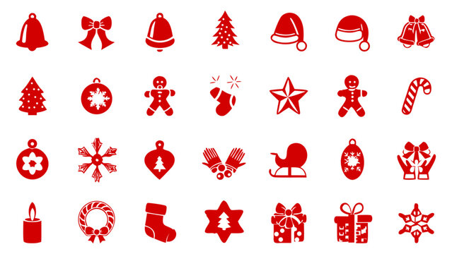 Christmas icon set, red festival, holidays vector symbol collection