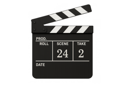 Clapperboard used in film production, indicating scene and take number for movie directing and video post-production