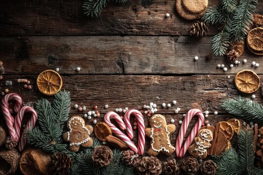 Festive christmas border of gingerbread cookies candy canes pine branches and dried orange slices on rustic wood