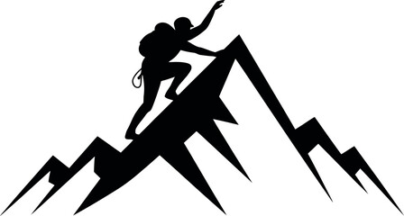 Silhouette of a climber reaching the summit of a jagged mountain peak