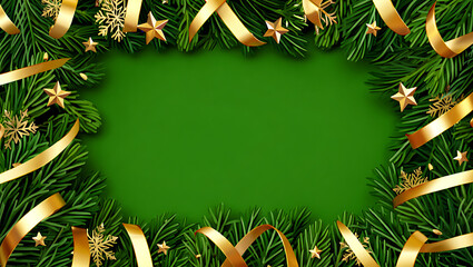 An elegant Christmas or New Year's frame made of golden ribbons and stars on a dark green background.