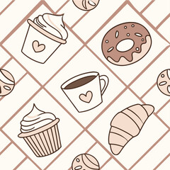 Seamless cute snacks pattern. Ideal for kids' fabrics, wrapping paper, wallpapers, scrapbooking, and romantic vintage design.