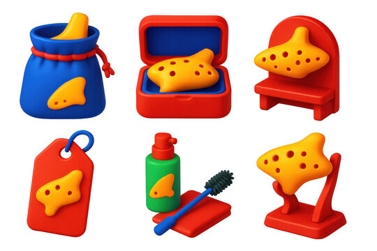 Ocarina Storage Icons. 3D icon set of ocarina storage and display: soft pouch, velvet-lined box, instrument shelf, labeled tag,