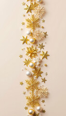 A luxurious Christmas vertical border with sparkling golden stars and pearls on a creamy white background.