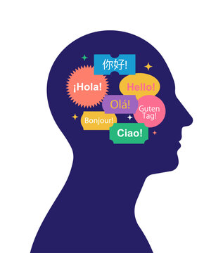 Language learning concept in male head silhouette. Multilingual greetings inside mind. Simplicity vector illustration, isolated.