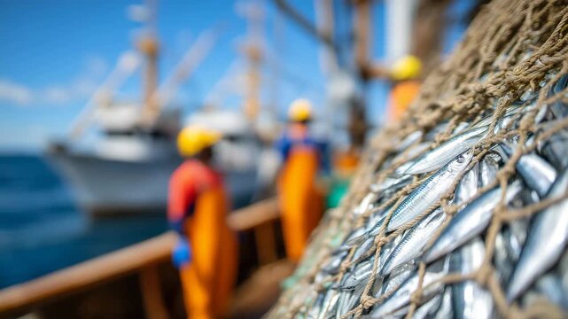 Macro shot of fishing net intertwined with freshly caught fish, boat deck partially visible, workers blurred in the background, emphasizing detailed maritime operations