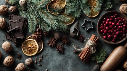 Festive christmas flat lay with fir branches dried oranges cinnamon sticks cranberries and walnuts for holiday baking and decor