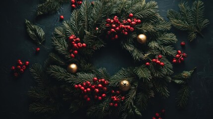 Close up of a rustic christmas wreath adorned with vibrant red berries and golden baubles on a dark background
