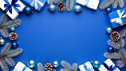 A festive Christmas frame with a border of blue and silver gifts, pine cones, and fir branches on a blue background.