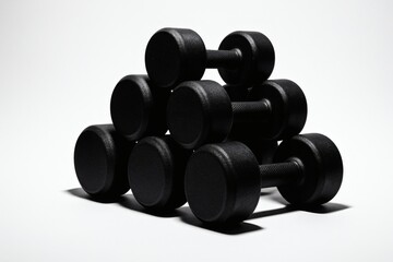 Carbon Dumbbell Pyramid Close Up on White Background. Dumbbells, fitness, strength, gym, workout, training, exercise