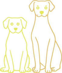Simple line art illustration of two sitting dogs, one small yellow, one large brown, depicting pet companionship and animal friendship. Vector