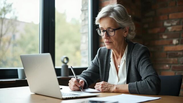 Serious mature older adult woman watching training webinar on laptop working from home or in office. 60s middle aged businesswoman taking notes while using computer technology sitt.