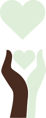 Diverse hands gently holding a small green heart, symbolizing unity, compassion, and shared humanity, with a larger heart floating above. Vector