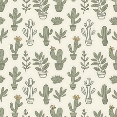 Fototapeta premium Charming hand drawn desert cactus and succulent plants seamless pattern on a light background
