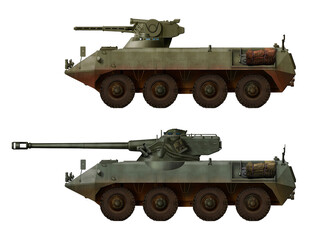 A collection of concepts of Armored Fighting Vehicles based on the BTR-60 (top: BTR-60 Congo, bottom: BTR-60-105 Congo). Individual images, in full size, can be found in the portfolio or by name in th