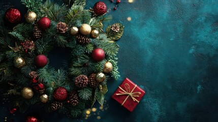 Festive christmas wreath with red and gold ornaments and a small gift box on a dark textured background
