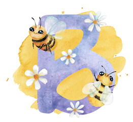Purple letter B with lovely cartoon bees and daisies, hand-drawn watercolor illustration isolated on white with yellow splashes. Pastel colored clipart for kids games, learning, kids alphabet design