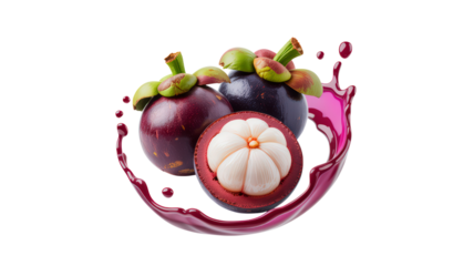 Three Mangosteens with Juice Splash Isolated on Checkered Background Tropical Fruit Sweet Delicious Healthy Food Diet Vegetarian Snack Antioxidant Exotic Purple Natural
